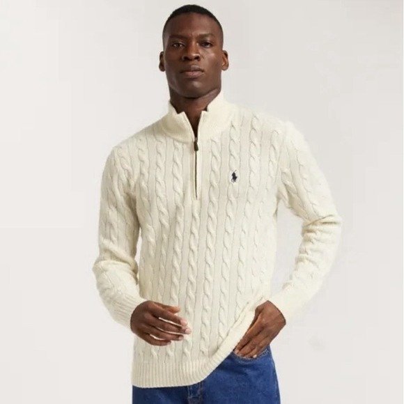NWT Polo Ralph Lauren Solid CREAM Cotton Cable Knit 1/4 Zip Sweater Medium Slim